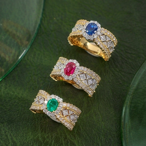 Vintage Italian Court Style Lace Hollow Pattern Two Tone Gold Plated Copper Ring With Oval Colorful Rhinestone For Women