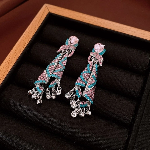 Vintage Blue Floral Water Drop Tassel Earrings For Women Inlaid Rhinestone 925 Sterling Silver Post Unique Alloy Jewelry