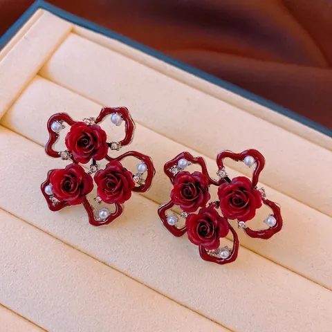 Orecchini A Fiore Di Rosa Rossa Lega Strass Con Imitazione Perla Artificial E Perno In Argento Stile Retro Vintage Donne