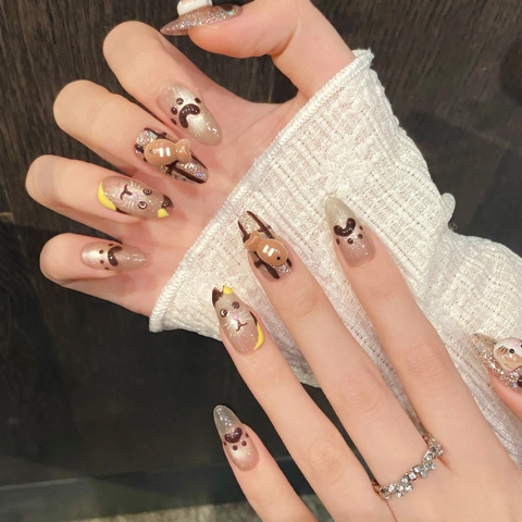 Press On Nagels 3D Schattig Kat Thema Aardetinten Glitter Handgemaakt Volledige Dekking Manicure Decoratie Voor Vrouwen En Meisjes