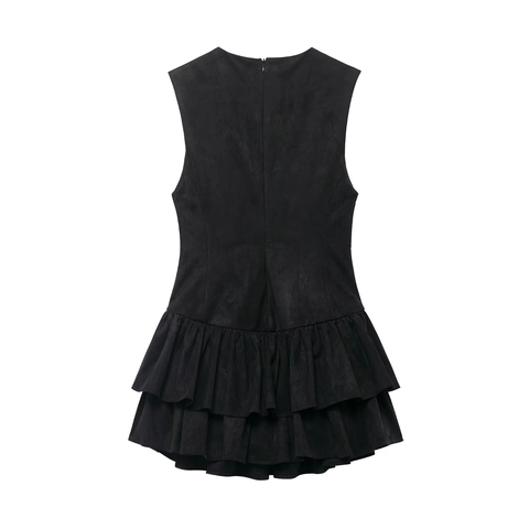 Women Sleeveless Round Neck Faux Suede A-Line Dress Tiered Ruffle Hem Black Solid Mini Dress Fashion Casual Short Dress
