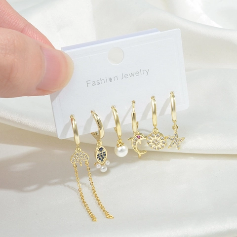 Trendy Marine Celestial Earrings Copper Zircon Faux Artificial Pearl Starfish Dolphin Sun Moon Tassel Hoops Studs