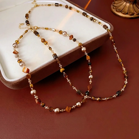 Collar De Cuentas Retro Cobre Piedra Ojo De Tigre Artificial Perla Artificial Falsa Estilo Francés Cadena De Suéter Para Mujer