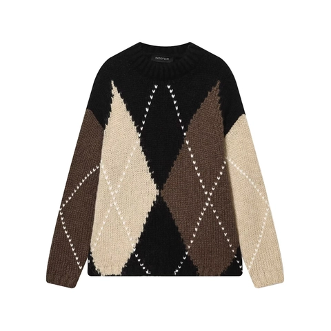 Suéter Argyle Para Mujer Bloque De Color Cuello Redondo Manga Larga Punto Retro