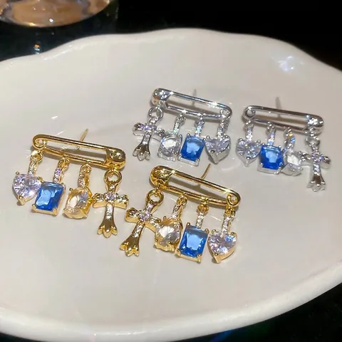 Sicherheitsnadel Tropfenohrringe Kreuz Herz Blauer Zirkon Anhänger Kupfer Schmuck Mit Silbernem Ohrstecker Für Damen