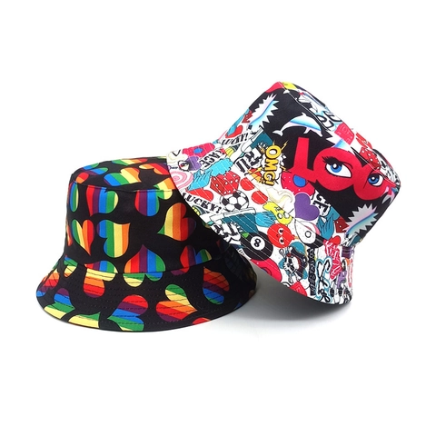 Chapeau Bob Polyester Réversible Protection Solaire Arc En Ciel Cœur Dessin Animé Graffiti Mode Homme Femme