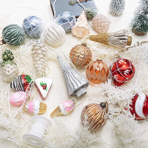 Christmas Glass Hanging Ornaments Painted Glitter Baubles Pineapple Strawberry Cake Shape For Holiday Tree Decor