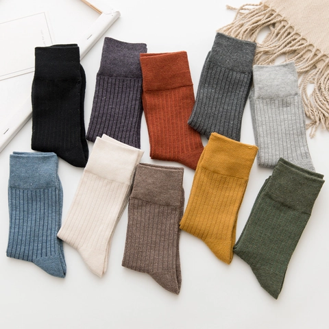Calcetines De Algodón Acanalado Para Mujer Color Sólido Rayas Verticales Tubo Medio Estilo Japonés Preppy Suave Transpirable