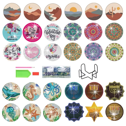 DIY Diamond Painting Coasters Acrylic Rhinestone Drink Mats Round Decorative Tableware With Metal Stand Mandala Ocean Landscapes