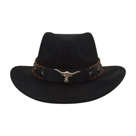Vintage Western Cowboy Hat Polyester Felt Wide Brim With Bull Head Metal Badge And Leather Band For Outdoor Sunshade