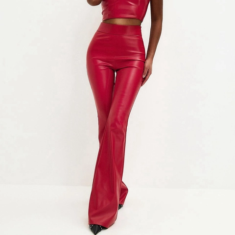 Damen High Waisted PU Leder Schlaghose Glänzend Kunstleder Slim Fit Weites Bein Lange Hose Mode Streetwear