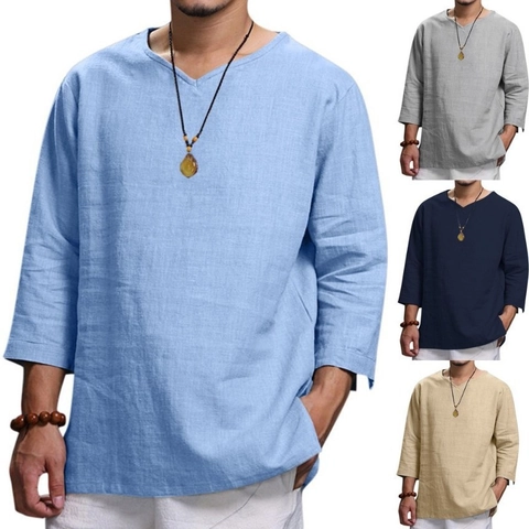 Camisa de Mezcla de Ramio y Algodón para Hombre Ajuste Holgado Cuello en V Manga Larga Color Sólido Retro Artístico Transpirable