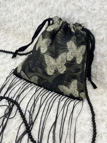 Vintage Chinese Style Crossbody Bag Gold Butterfly Embroidery Tassel Decor Bead Chain Strap Drawstring Closure For Women