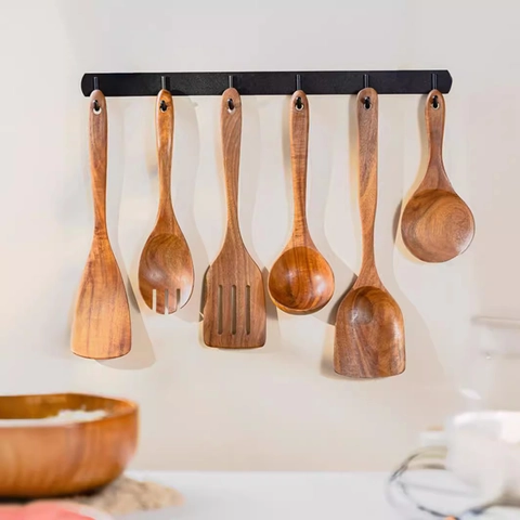 Natural Teak Wood Kitchen Utensils Cooking Spatula Soup Spoon Rice Paddle Long Handle Non Stick Wooden Kitchenware
