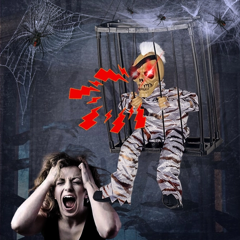Halloween Käfig Geist Gefangener Skelett Hängende Dekoration Rote Leuchtende Augen Schreiender Sound Bewegungssensor Requisite