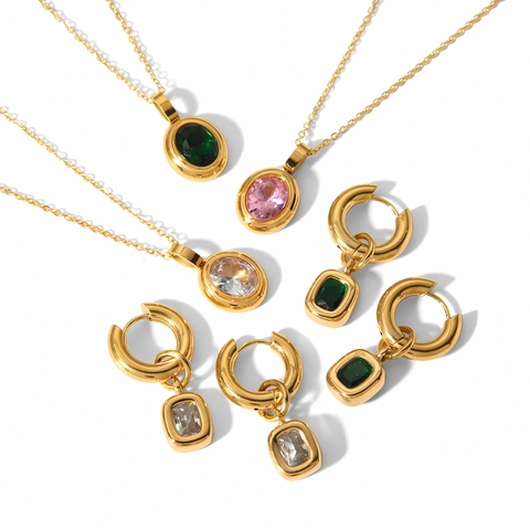 Roestvrij Staal Ovalen Zirkonia Ketting Oorbel Luxe 18K Verguld Sieraden Voor Vrouwen Smaragd Roze Helder