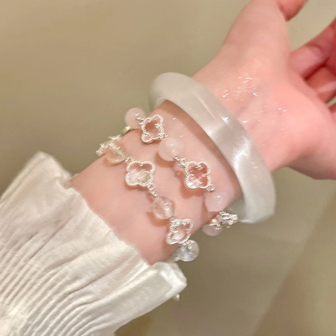 Pulsera De Cuentas De Trébol De Cuatro Hojas Y Brazalete Translúcido Cobre Cristal Joyería Dulce Elegante Para Mujer