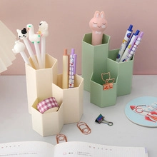 Hexagonal Desktop Pen Holder Minimalist Frosted Plastic Makeup Brush Storage Box Tiered Stationery Organizer For Students Office School