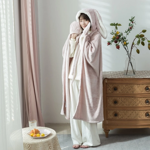 Wearable Hooded Blanket Cloak Soft Double Layer Flannel Lamb Wool Warm Nap Cape Cute Rabbit Ears For Women Girls