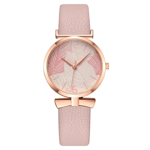 Women Fashion Quartz Watch Rose Gold Case Leaf Print Dial Faux Leather Strap Bowknot Decoration Elegant Lady Wristwatch