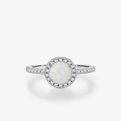 Opal Ring 925 Sterling Silver Minimalist Round White Lab-Grown Lab-Opal Cubic Zirconia Halo Finger Jewelry For Women