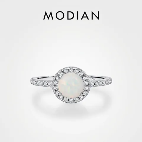 Opal Ring 925 Sterling Silver Minimalist Round White Lab-Grown Lab-Opal Cubic Zirconia Halo Finger Jewelry For Women