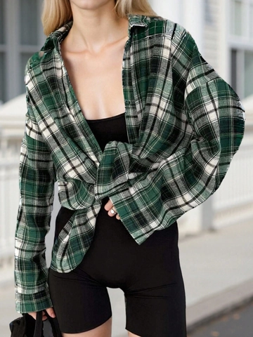 Women Plaid Shirt Long Sleeve Button Down Blouse Polyester Cotton Retro Checked Loose Fit Casual Tops