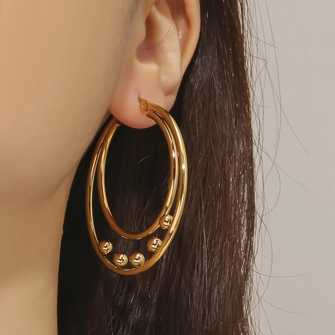 Fashion Women Titanium Steel Double Hoop Earrings Gold Plated Stainless Steel Geometric Beads Dangle Earrings Jewelry