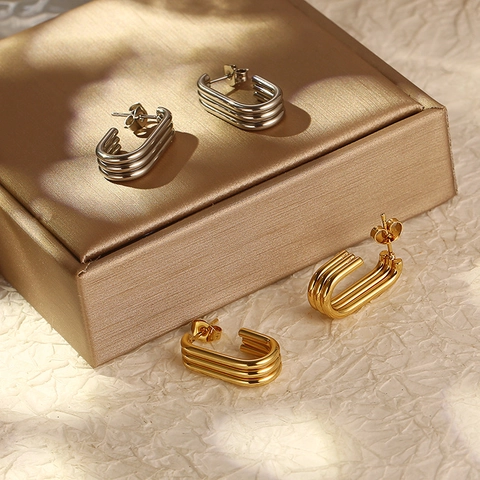 Pendientes De Aro Ovalados Multicapa Chapado En Oro De 18K Acero Inoxidable Geométrico Forma U Joyas De Moda Mujer