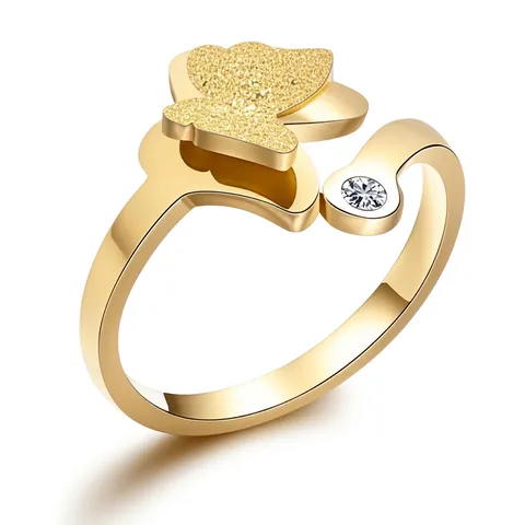 Butterfly Adjustable Ring Stainless Steel Frosted Minimalist Open Band With Single Zircon For Women