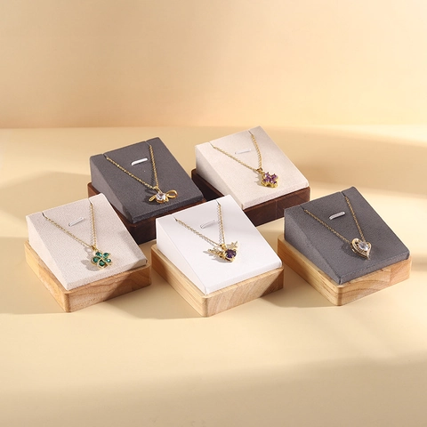 Solid Wood Necklace Display Stand Beveled Jewelry Pendant Holder Countertop Organizer Velvet PU Leather Showcase