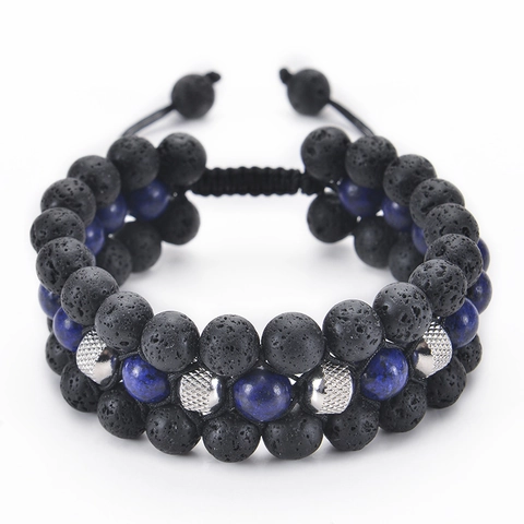 Pulsera Piedra Natural Multicapa Piedra Volcánica Lapislázuli Ojo De Tigre Cuentas Acero Trenzado Cuerda Ajustable Unisex