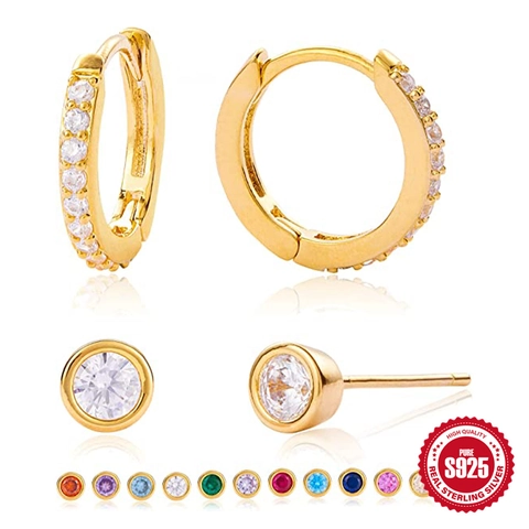 925 Sterling Silver Earring Set Multi-Color Zirconia Hoop And Stud Earrings Gold Plated Minimalist Fashion Jewelry For Women