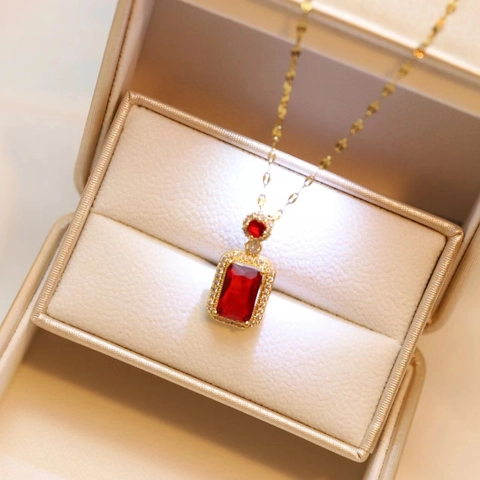Retro Rectangular Crystal Pendant Necklace Earrings Ring Jewelry Stainless Steel Gold Plated Elegant Luxury For Women
