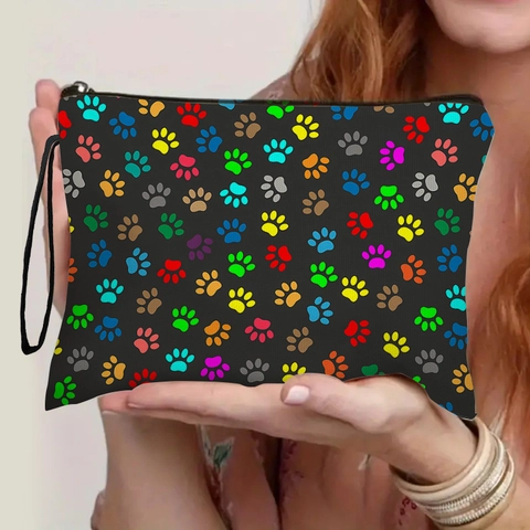 Kleurrijke Pootafdruk Make-uptas Imitatielinnen Toilettas Reis Cosmetische Organizer Polsbandje Dierenpatroon