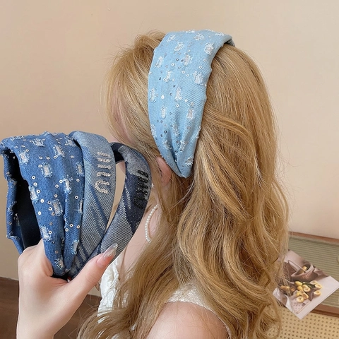 Vintage Denim Fabric Headband Wide Padded Hair Hoop With Rhinestone Letters Retro Chic Hair Accessories For Women