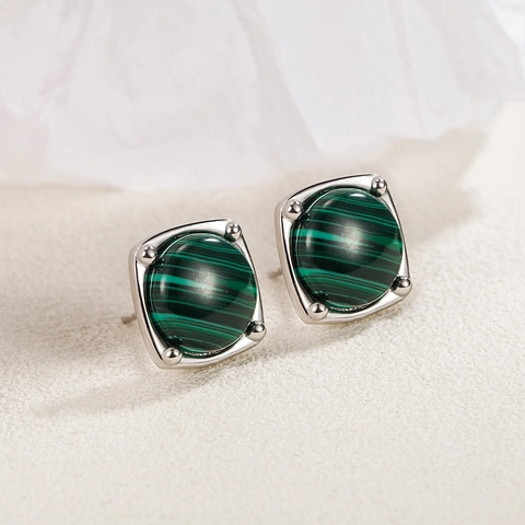 Orecchini a Bottone in Argento Sterling 925 con Malachite Quadrati Geometrici Gioielli con Pietre Preziose Verdi per Donna Placcati Oro Platino Eleganti