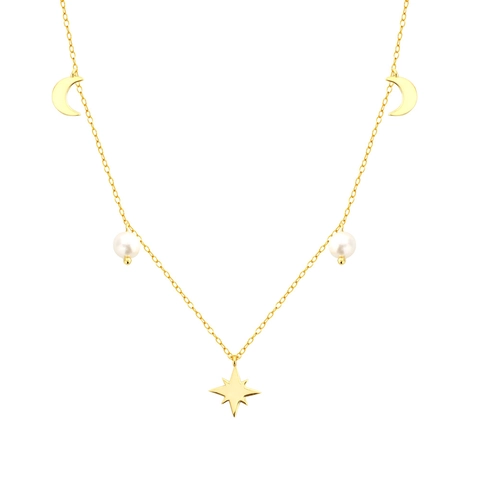 Collana Con Stella Luna E Perla Artificial Argento Sterling 925 Delicato Ciondolo Octagram Gioielli Eleganti