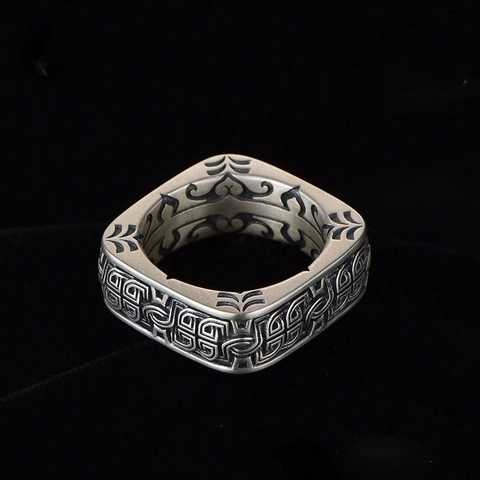 Bague Chevalière Carrée Vintage Pour Homme En Alliage Argenté Antique Gravé Ethnique Géométrique Band Punk Bijoux