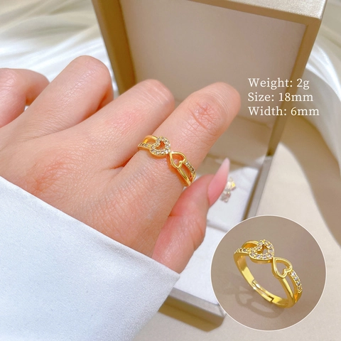 Anello Regolabile Oro Doppio Cuore Infinito Ottone Zirconia Cubica Gioielli Moda Regalo Donna