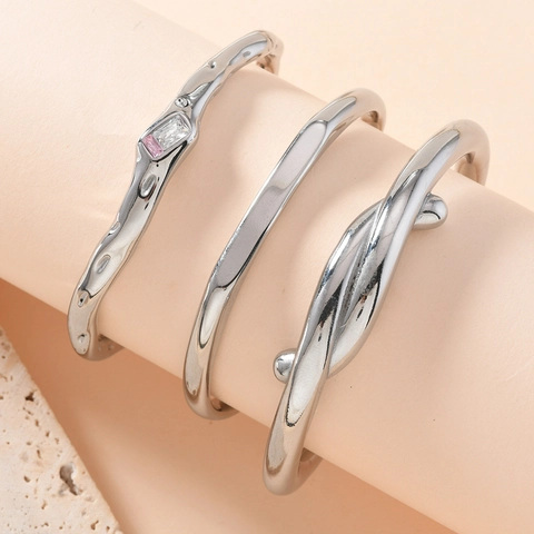Stainless Steel Open Cuff Bangle Irregular Liquid Metal Texture Knot Design Bracelet With Cubic Zirconia For Women