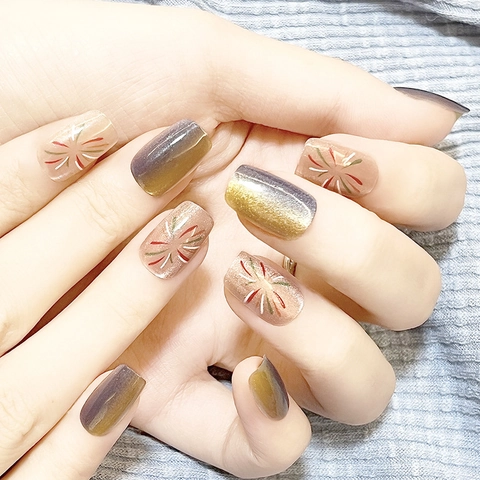 Feuerwerk Muster Press On Nails Katzenauge Gradient Glitzer Kurz Rund Quadratisch Künstliche Fingernägel Für Frauen DIY Maniküre