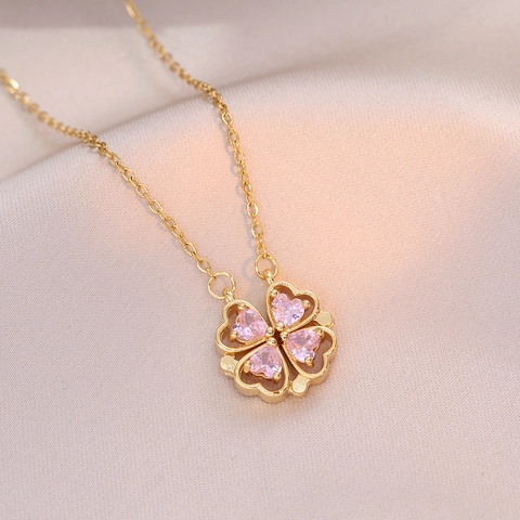 Collana Con Pendente A Quadrifoglio Cuore Magnetico Pieghevole Acciaio Al Titanio Zircone Placcato Oro Donna