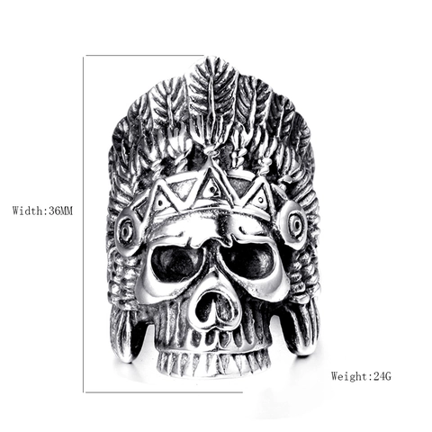 Anillo De Calavera De Jefe Indio Vintage Acero Inoxidable Punk Rock Tocado De Plumas Joyería Hombre Estilo Retro