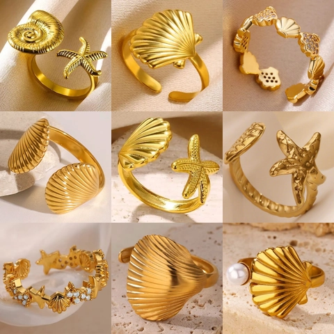 Anello Aperto in Acciaio Inossidabile Placcato Oro 18K Stella Marina Conchiglia per Donna Minimalista Strass Perla Artificiale