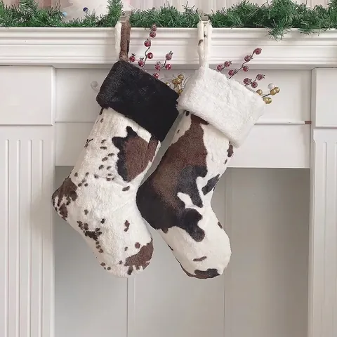 Christmas Stockings Faux Fur Cow Print Plush Large Holiday Gift Bags Fireplace Hanging Decoration Country Farmhouse