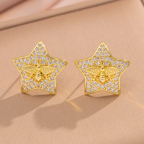 Orecchini A Lobo Con Stella E Ape In Rame Placcato Oro Vero Con Zirconia Gioielli Alla Moda Per Donna