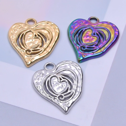 Moda Acero Inoxidable Corazón Hueco Colgante Collar Para Mujer Textura Martillada Chapado En Oro 18K Plata Arcoíris Joyería Regalo