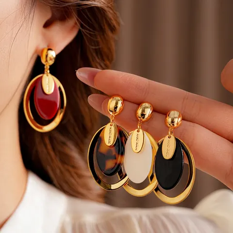 Vintage Oval Drop Earrings Brass Resin With Silver Earring Post Geometric Handmade Label Gold Plated Retro Jewelry