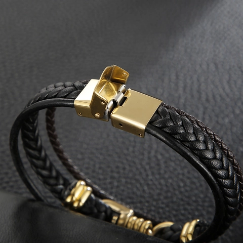 Bracciale Uomo Pelle Intrecciata Con Chiusura Magnetica In Acciaio Inossidabile Multistrato Punk Retro Gioielli Regalo